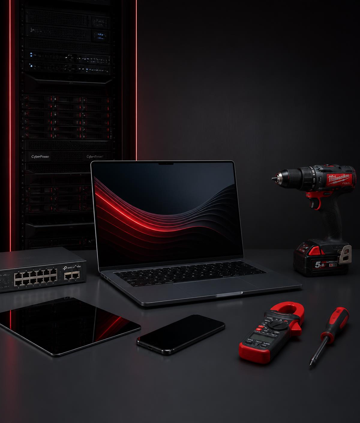Composição de equipamentos de tecnologia, informática e ferramentas profissionais