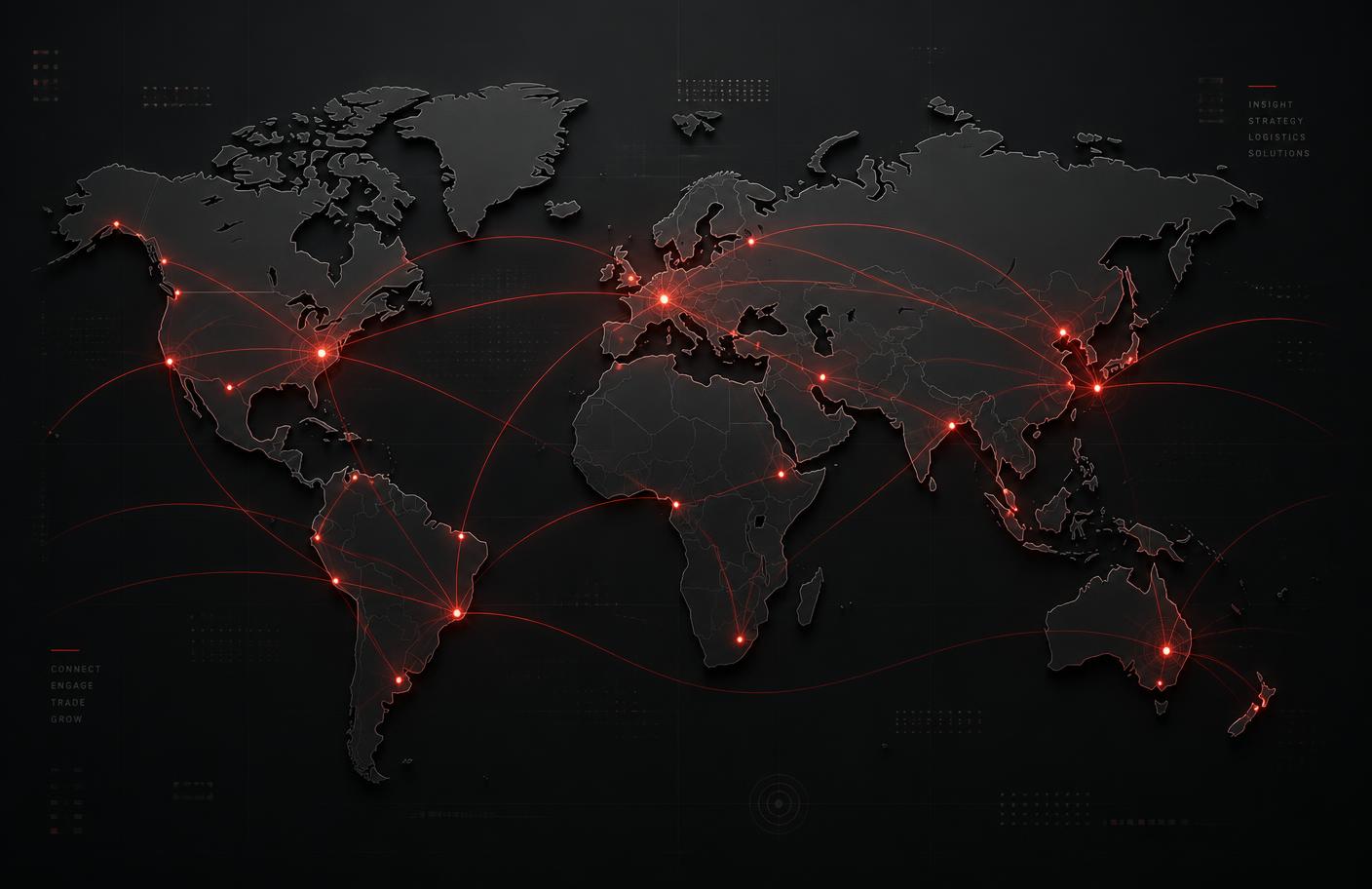 Mapa corporativo com conexões comerciais internacionais em destaque vermelho