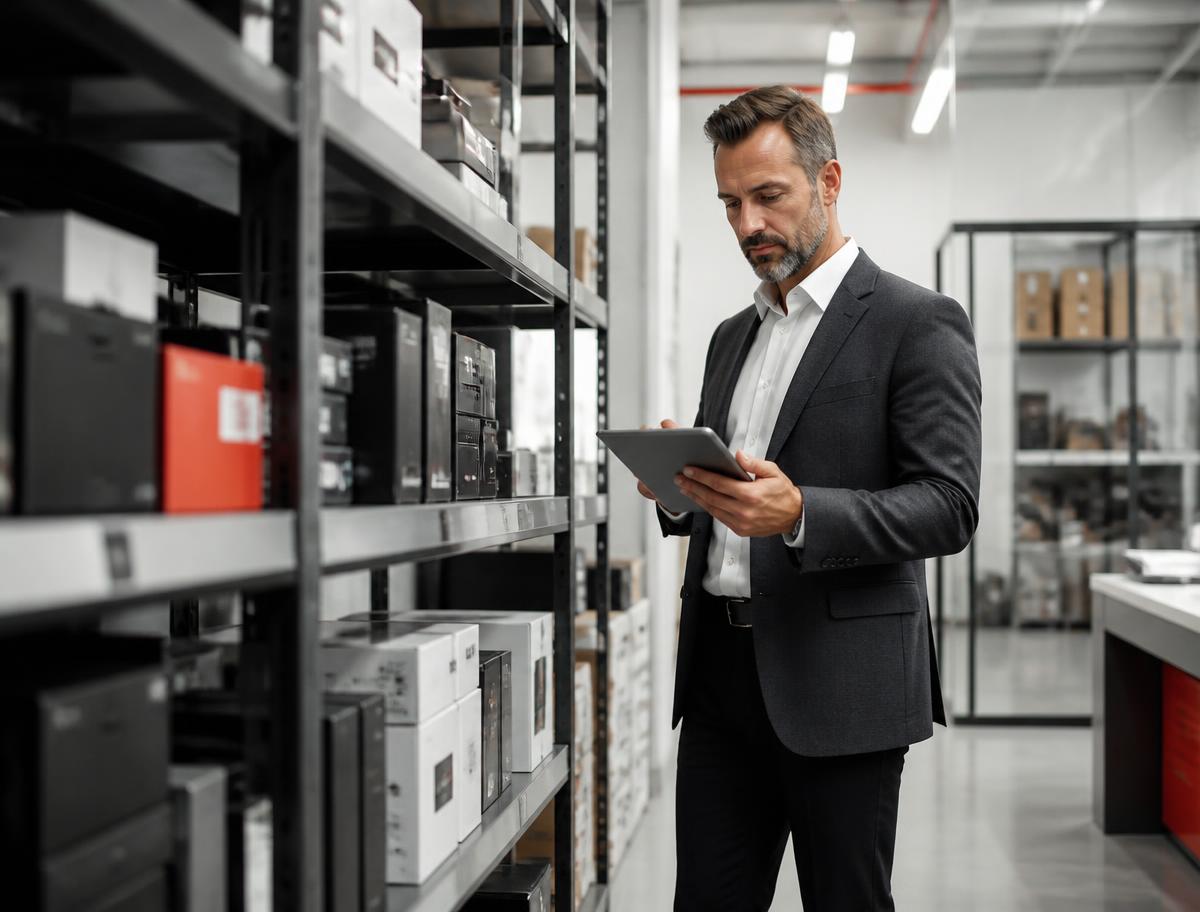 Profissional conferindo estoque organizado de equipamentos e produtos corporativos