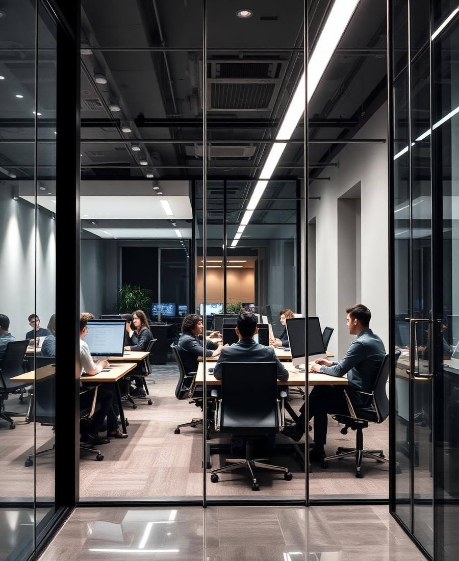 Escritório corporativo moderno com equipes em operação